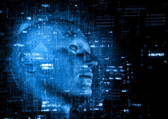 3D render of a technology background with code over male head