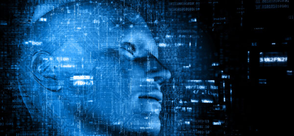 3D render of a technology background with code over male head